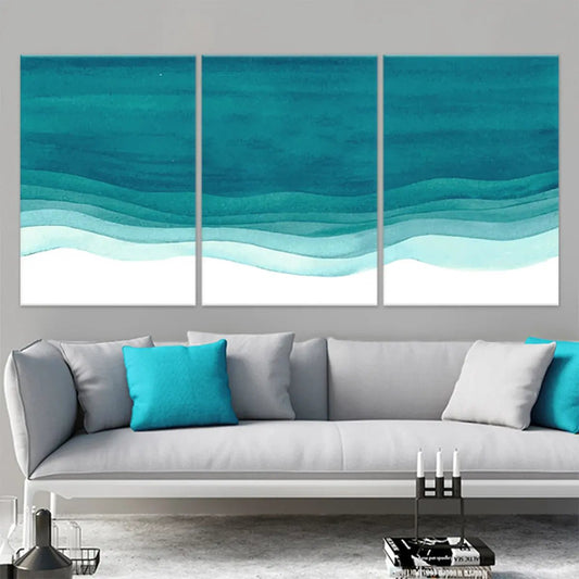 Modern abstract seascape bands — large canvas wall art, soft turquoise and white palette adds minimalist elegance to interiors