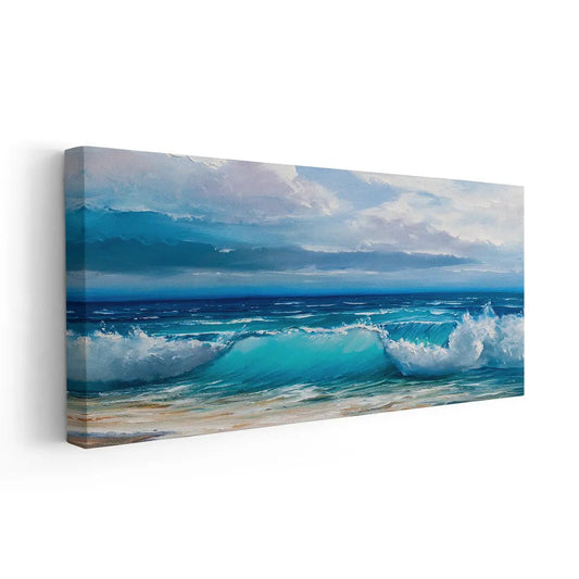 Ocean waves crashing on shore — coastal canvas print for living room wall, soft blue tones create peaceful seaside vibe
