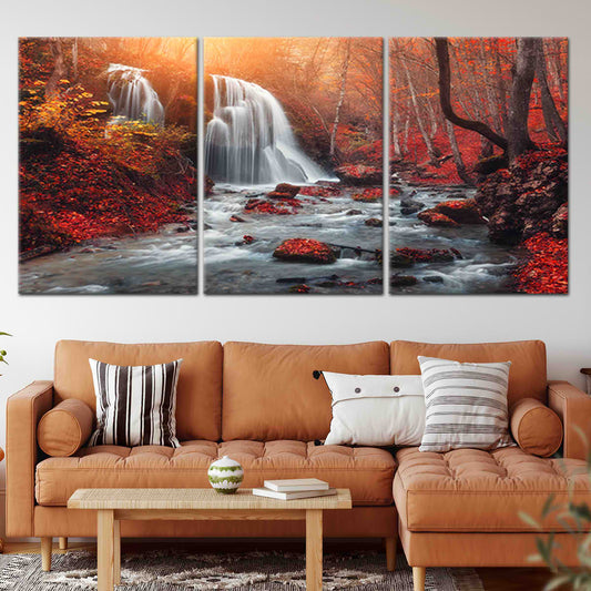 Tranquil forest waterfall — Large canvas art with warm red tones uplifting bedroom décor and offering a peaceful meditation vibe