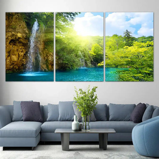 Sunlit jungle waterfall — modern canvas wall art with vibrant green palette, perfect for refreshing bedroom décor and uplifting your space