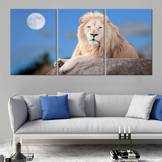 White king lion canvas wall art for living room décor, offering a calming majestic mood that enhances modern spaces with a bold wildlife presence.