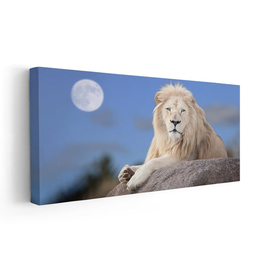 Moonlit lion portrait in cool blue tones — large canvas art perfect for bedroom décor, creating a peaceful inspiring nighttime atmosphere.