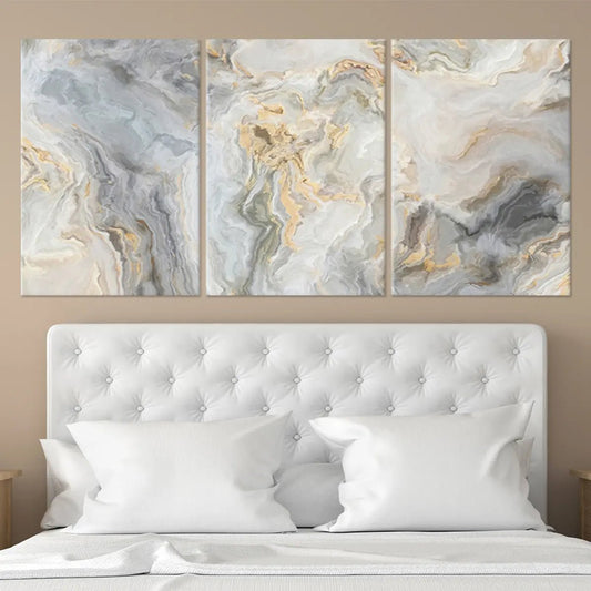 White marble layers — modern canvas wall art, soft gray and gold tones adding peaceful elegance to bedroom or living room décor.