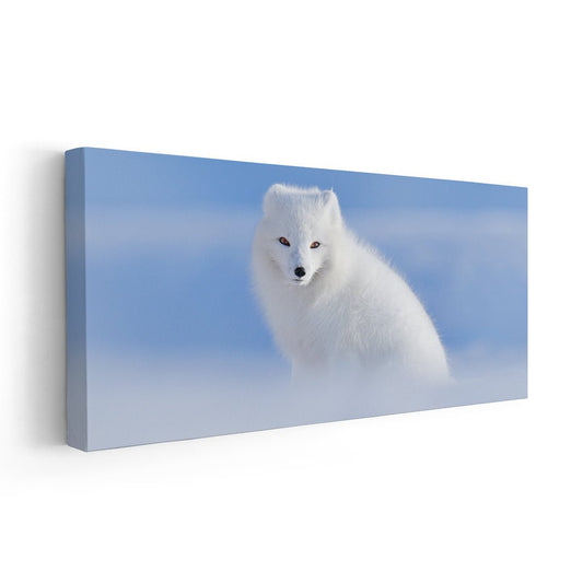 White arctic fox — modern canvas wall art, minimalist winter palette adding calm and elegance to bedroom or contemporary interiors.