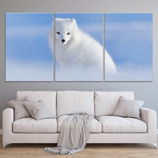 Arctic fox — large canvas wall art for living room, snowy blue tones creating a peaceful wildlife aesthetic for modern home décor.