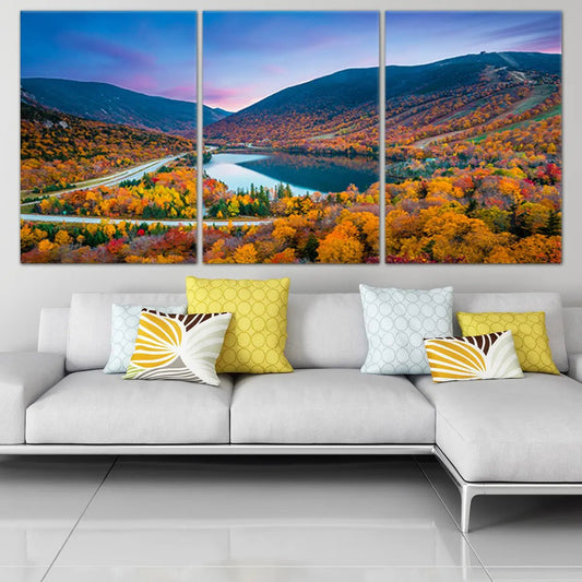 Colorful fall valley scene in rustic tones — large canvas wall art adding warmth and inviting charm to a modern dining room décor style