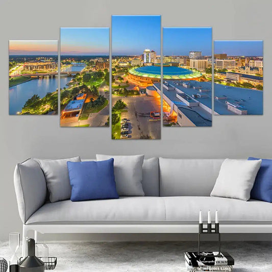 Wichita Kansas skyline — large canvas wall art for living room, golden sunset tones add warmth and inspiring modern charm.