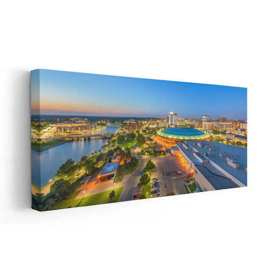 Downtown Wichita cityscape — modern canvas wall art with blue and amber hues, ideal for uplifting bedroom or office décor.