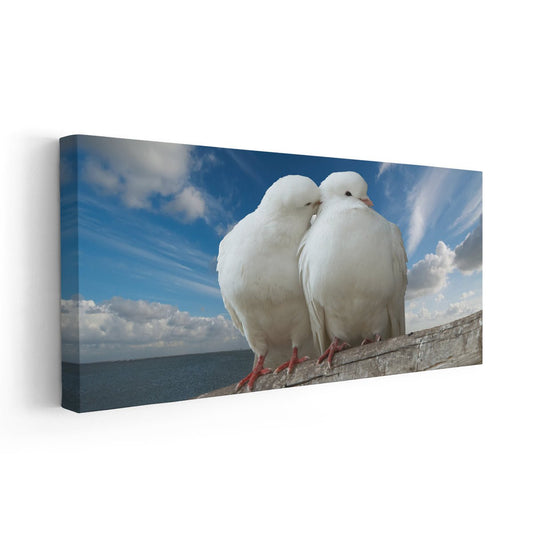 Pair of white doves — modern canvas wall art, bright sky tones adding serenity and love to bedroom or romantic-inspired living spaces.