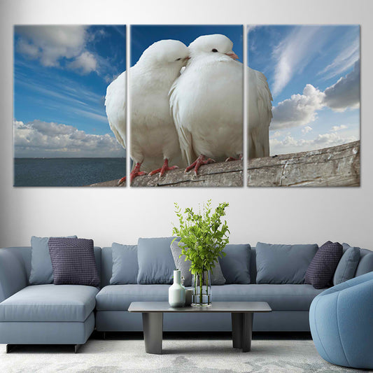Loving white doves — large canvas wall art for living room, blue sky background symbolizing peace and romance in modern home décor.