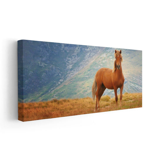 Brown horse in meadow — modern canvas wall art, natural earthy tones perfect for farmhouse or country-inspired living room decoration.