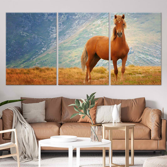 Elegant thoroughbred horse — large canvas wall art for living room, rustic mountain backdrop adding strength and grace to modern décor.