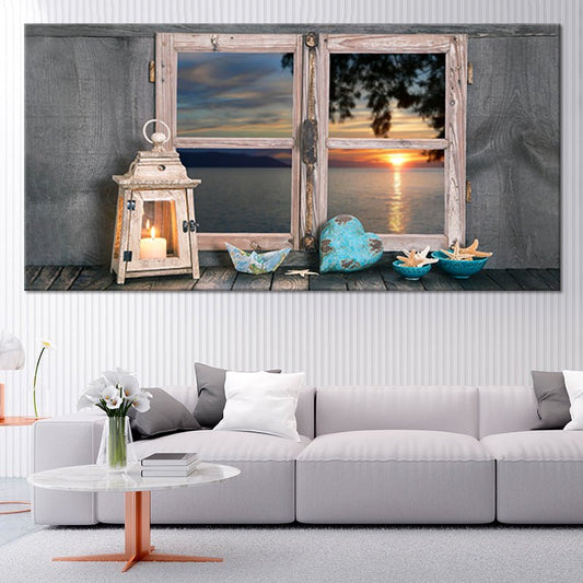 Rustic farmhouse window — large canvas wall art blending ocean sunset hues and nautical charm for cozy living room décor