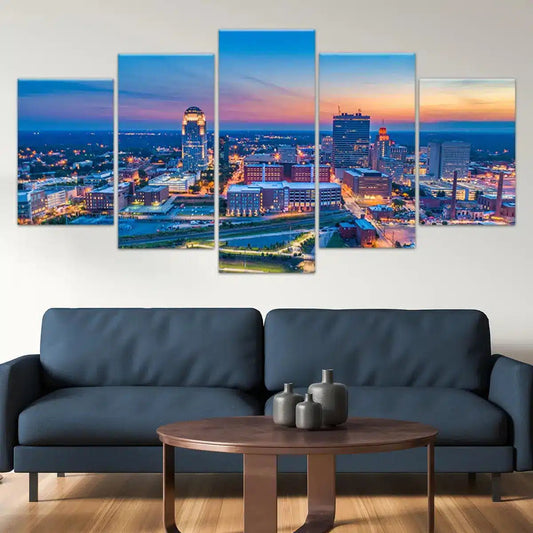 Winston Salem skyline at sunset — large canvas wall art for living room decor, vibrant city colors with a modern uplifting tone