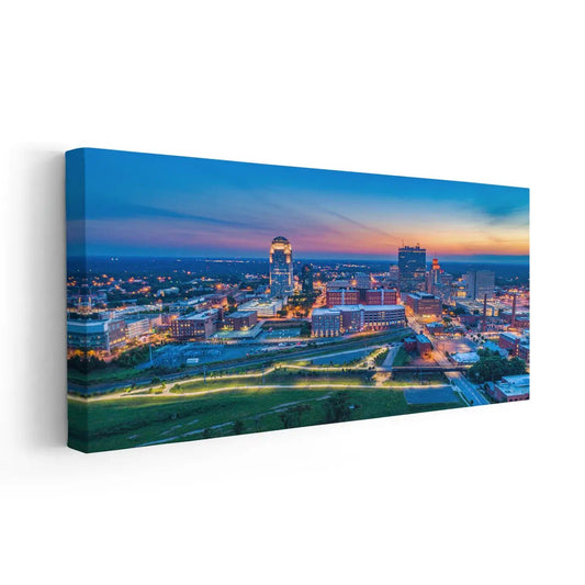 Downtown Winston Salem skyline — modern canvas wall art with warm orange and blue palette for bedroom or office interiors