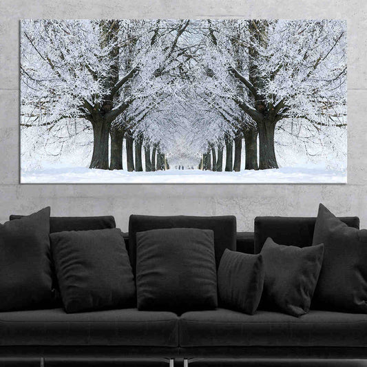 Snow-lined forest row — contemporary canvas wall art in soft white and gray tones for a serene bedroom atmosphere and winter calm