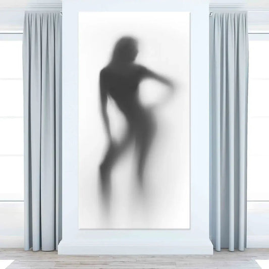 Minimalist blurred woman stance — large canvas wall art, soft grayscale palette delivering peaceful modern home style