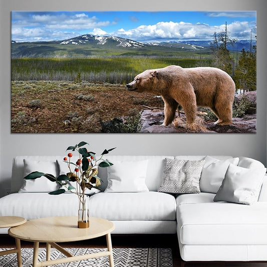 Majestic grizzly bear in Yellowstone — modern canvas wall art for living room, earthy tones creating a bold and rustic statement.