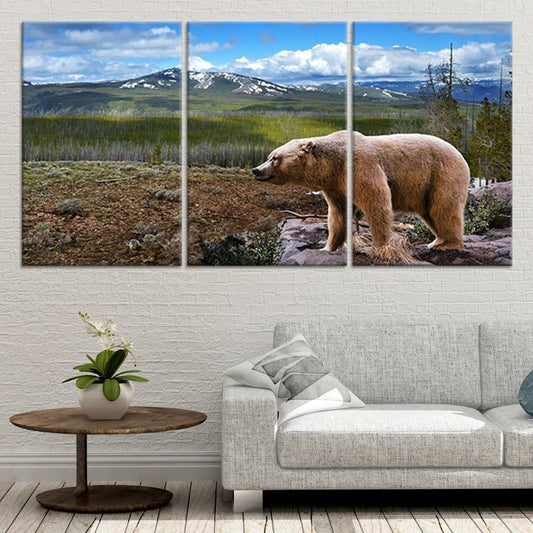 Brown bear walking through forest — large canvas wall art, inspiring wilderness décor perfect for cabin or nature-themed home.