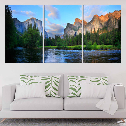 Granite cliffs and forest river glow — Large canvas art in natural green palette adding inspiring bedroom décor with serene national park energy