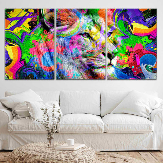 Abstract lion head canvas wall art for living room décor, adding bold uplifting color and modern wildlife energy to contemporary creative spaces.