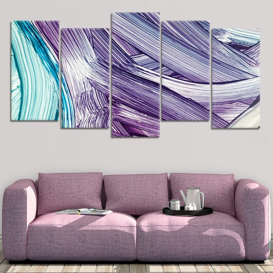 Purple and teal brush strokes — large canvas wall art, soft pastel palette creating a peaceful and inspiring ambiance for bedrooms.
