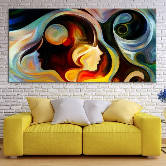 Colorful abstract face composition — expressive canvas wall art for living room décor, vibrant tones that inspire creativity.