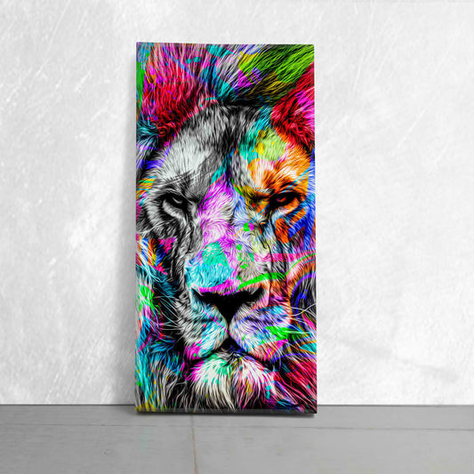 Majestic lion portrait in neon hues — large canvas wall art, inspiring and dynamic piece ideal for office or bedroom interiors.