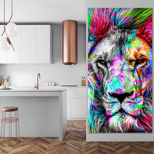Vibrant abstract lion head — modern canvas wall art for living room, bold multicolor design adding power and creativity to décor.