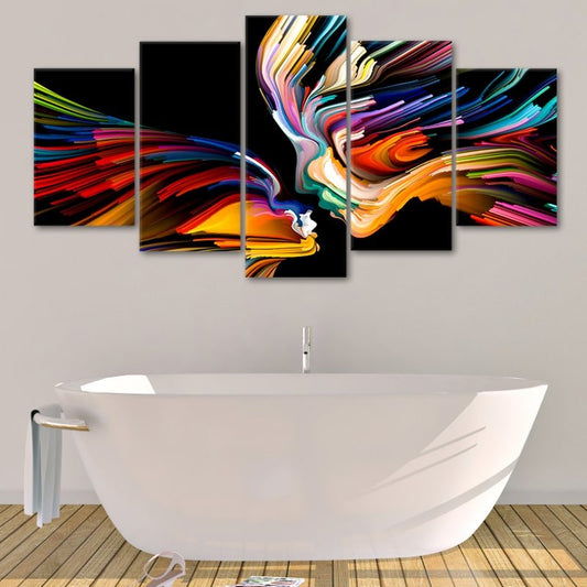 Passionate lovers fusion — vivid large canvas wall art with colorful strokes, adding warmth and intimacy to contemporary bedrooms.