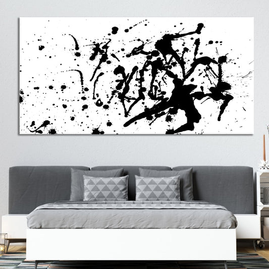 Black and white splatter design — expressive canvas wall art for living room décor, bold contrast for a modern interior.