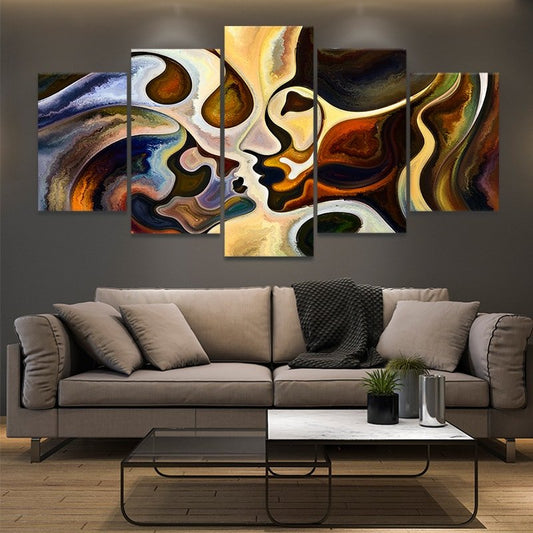 Lovers embracing — soulful large canvas wall art blending warm tones and movement, perfect for elegant contemporary bedrooms.