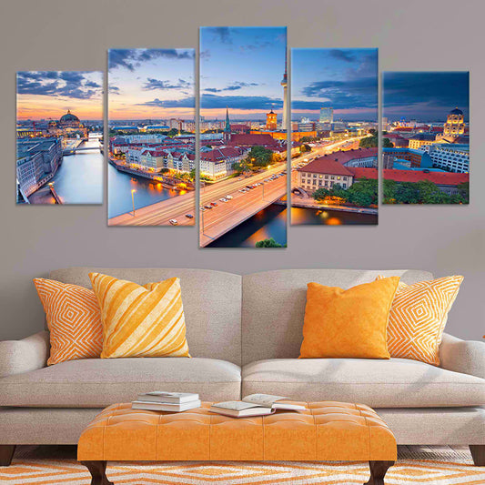 Berlin cityscape — modern canvas wall art with evening lights over Spree River, calming and elegant decor for a contemporary bedroom.