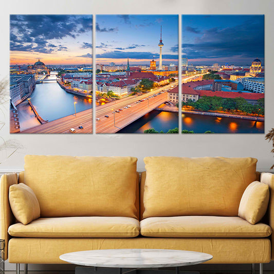 Berlin skyline at sunset — large canvas wall art in golden and blue tones, inspiring and modern centerpiece for living room decor.