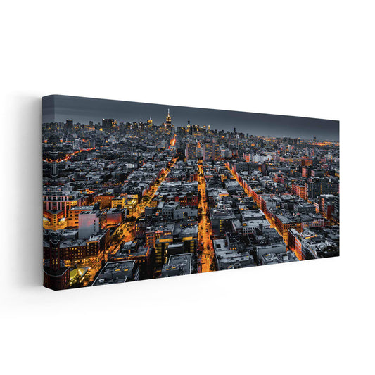 Aerial New York City skyline — modern canvas wall art, deep blue and orange tones create urban sophistication and cozy atmosphere.