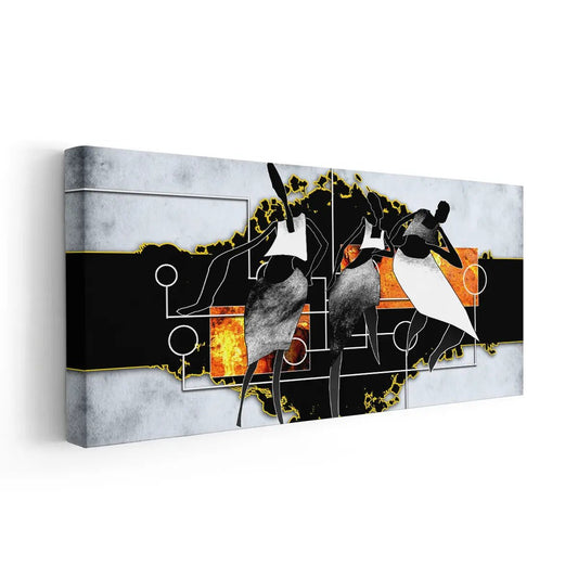 African dancer forms — large canvas wall art, expressive orange and black abstract figures inspiring energy and movement in any space.