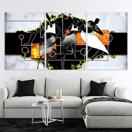 Abstract dance silhouettes — modern canvas wall art, bold black and gold tones adding cultural elegance to contemporary living rooms.