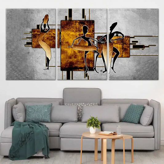 Abstract African dancers — modern canvas wall art, warm gold and bronze tones creating a vibrant focal point for living room decor.