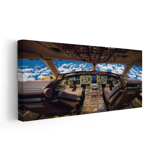 Jet cockpit controls — large canvas wall art with vibrant instrument lighting, ideal for office or aviation collector’s wall.