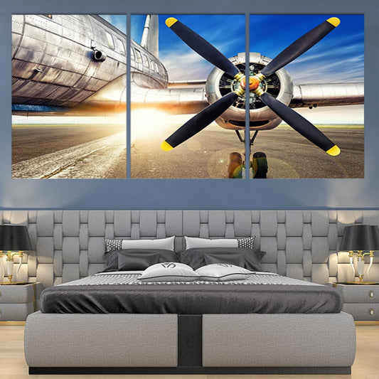 Antique aircraft propeller — large canvas wall art with warm brown and silver tones, perfect for aviation-themed home décor.