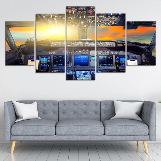 Detailed aircraft cockpit with glowing controls — large canvas wall art ideal for office or study room decor.