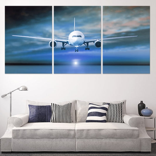 Landing airliner on runway — elegant canvas wall art for living room, symbolizing travel, motion, and modern aviation.