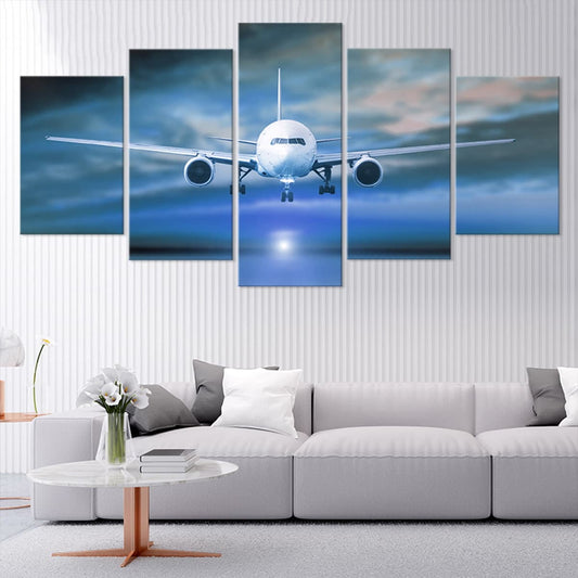 Commercial airplane descending — large canvas wall art in sleek blue tones, perfect for office or aviation décor.