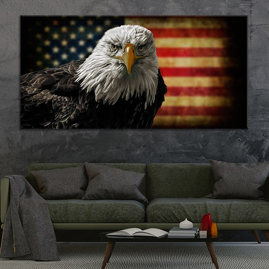Bald eagle over U.S. flag — modern canvas wall art, bold contrast of red, white, and blue creating a powerful patriotic centerpiece.