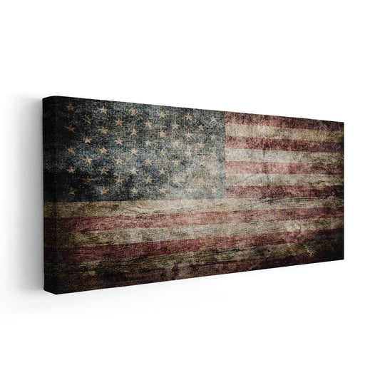 Angled side view of American flag canvas print with gallery-wrapped edge and bold rustic design