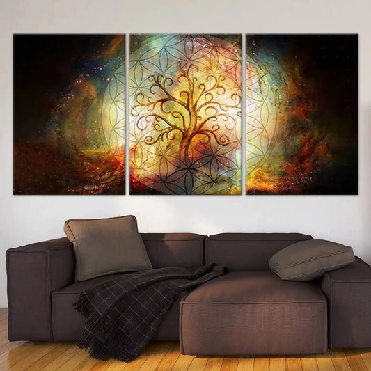 Golden glowing Tree of Life — radiant canvas wall art for living room décor, symbolizing growth, balance, and harmony.