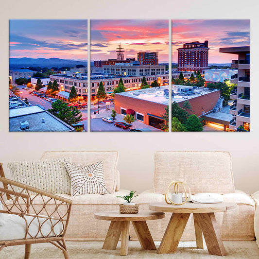 Asheville skyline at sunset — modern canvas wall art for living room, featuring vivid pink and purple evening tones.