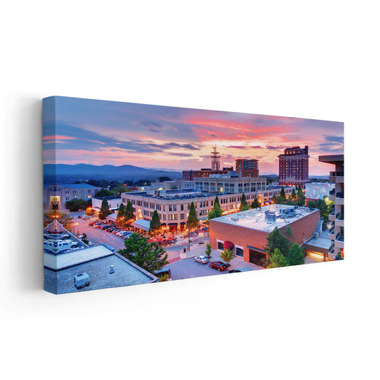 North Carolina cityscape glowing under sunset — large canvas wall art for bedroom, uplifting urban skyline decor.