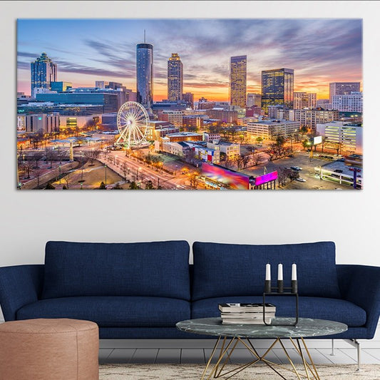 Atlanta skyline at sunset — modern canvas wall art for living room showcasing a colorful and inspiring cityscape atmosphere.