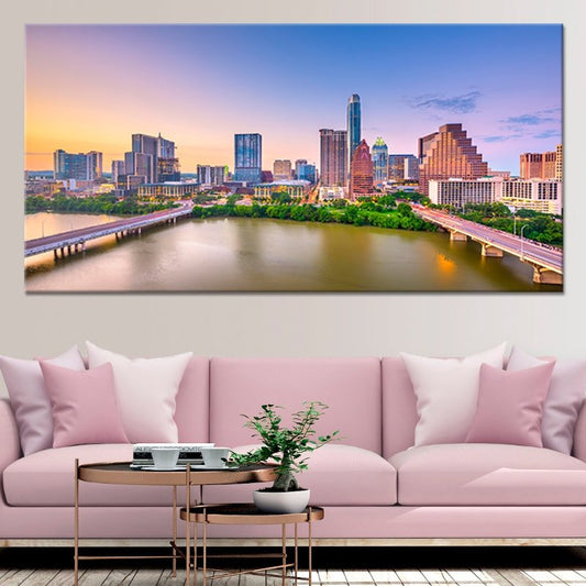 Austin skyline at sunset — modern canvas wall art in warm orange and blue hues, inspiring and elegant decor for living room walls.